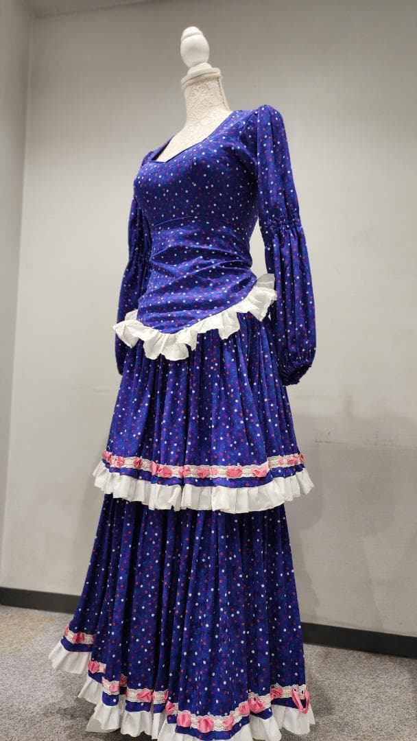 フラメンコドレス 青色 カラフル水玉　シージョ付き（中古）
