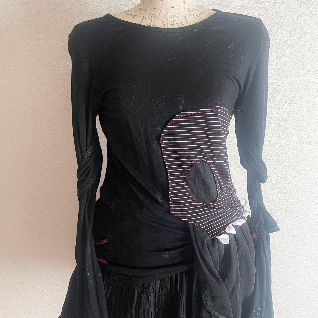 00s 希少 h.anarchyism ボンテージ風ドクロアシメトップス