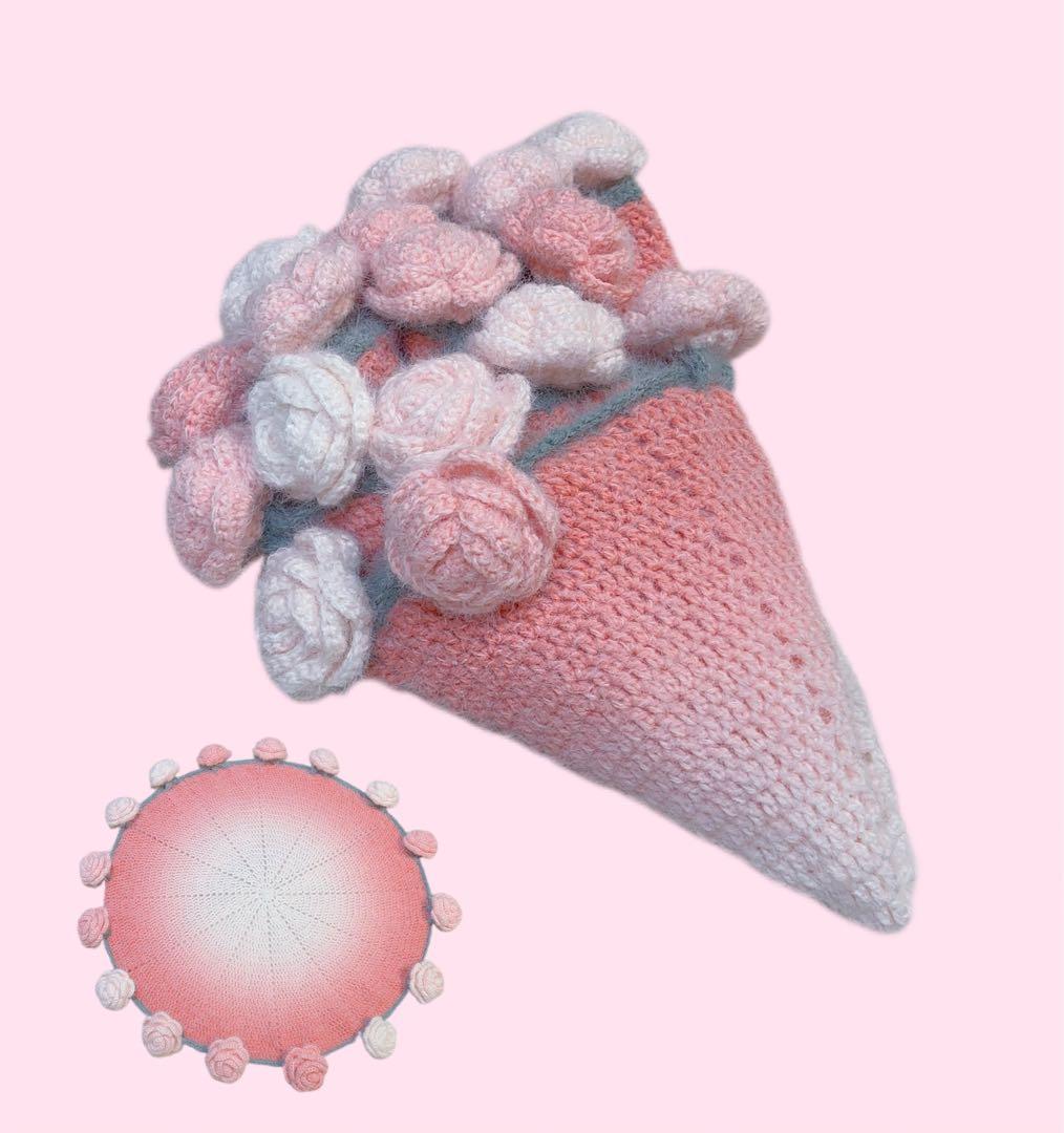 ブーケブランケット ハンドメイド 大きいバラ ピンク系 かぎ針編み 枯れない花