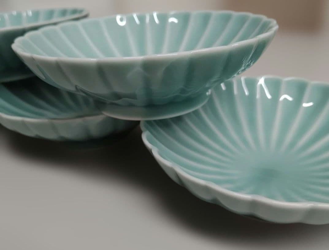 深川製磁　青磁菊割小付揃　菊花　5枚セット　未使用