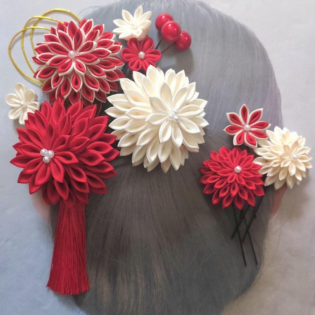 和装髪飾り U42−2 赤　白　成人式 振袖 つまみ細工 かんざし　髪飾り