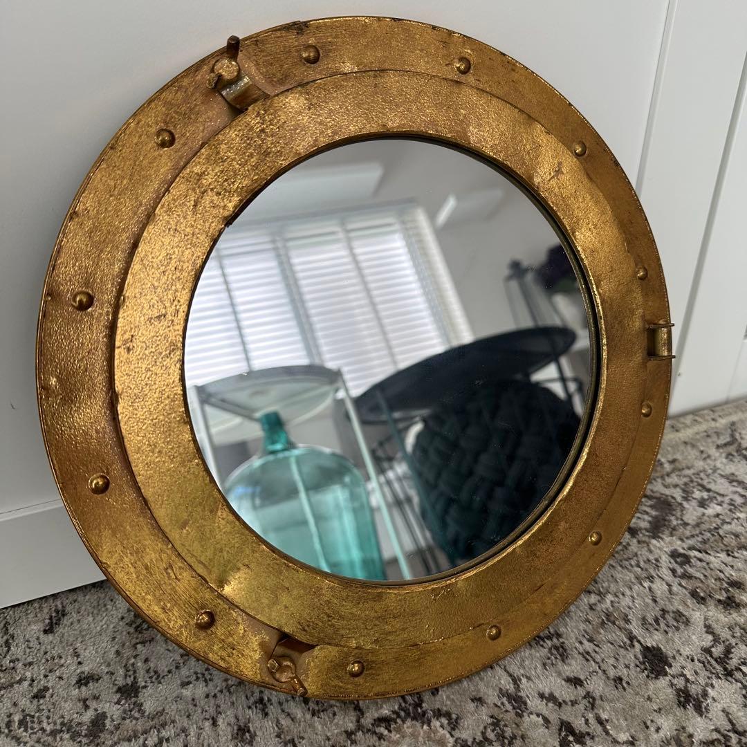 大型　船　舵　ヴィンテージ　ポートホール　鏡　ミラー　船の窓　壁掛け　サリュ