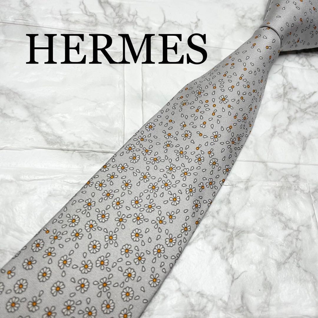 エルメス　HERMES ネクタイ　グレー　花　フラワー　ソリッドタイ　スーツ