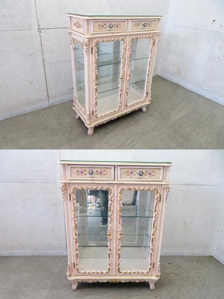美品■ロココ■姫家具■花柄■ガラスキャビネット■ディスプレイケース■飾り棚■