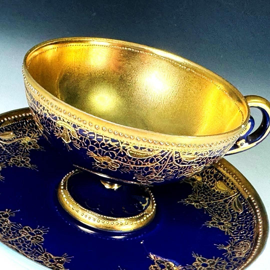 逸品■オールドノリタケ コバルト 金盛 レース装飾 ペディスタル カップソーサー
