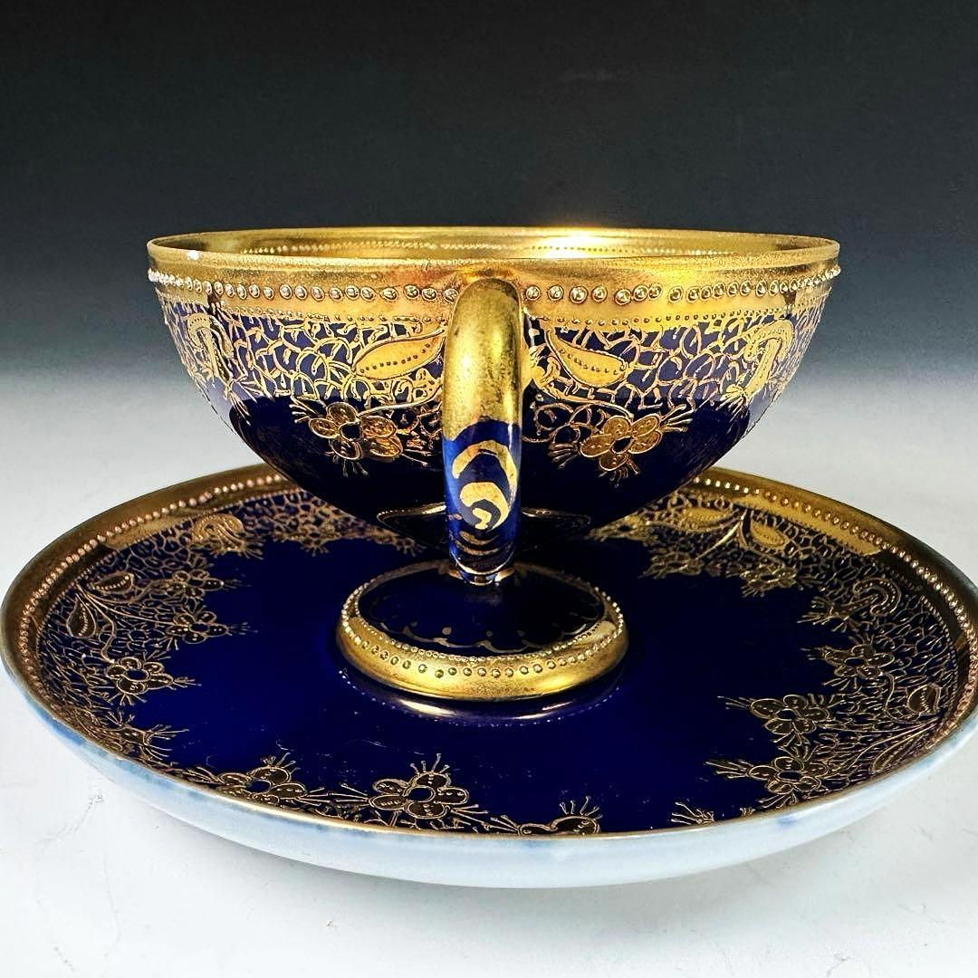逸品■オールドノリタケ コバルト 金盛 レース装飾 ペディスタル カップソーサー