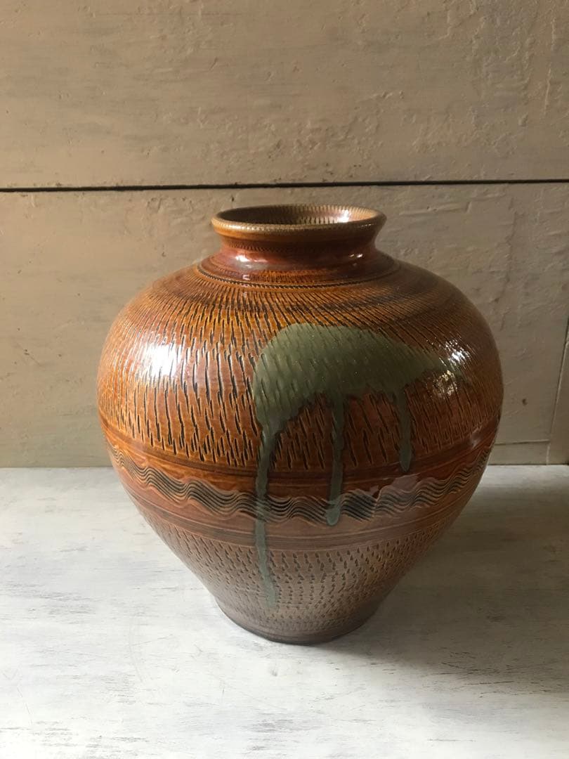 小鹿田焼　壺　花瓶　打ち掛け　飛びかんな