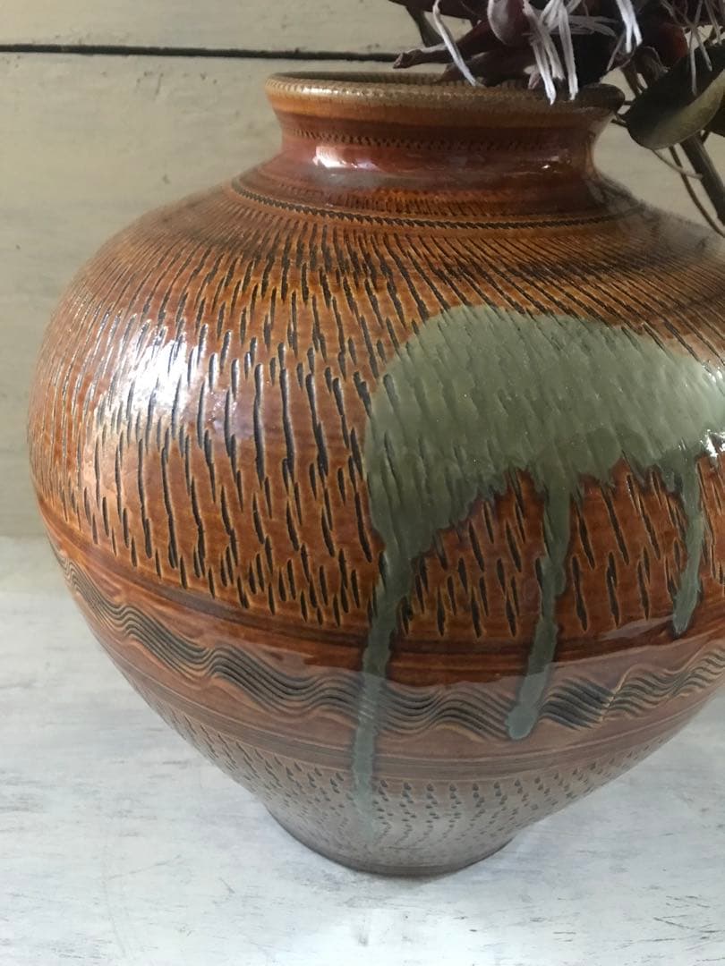 小鹿田焼　壺　花瓶　打ち掛け　飛びかんな