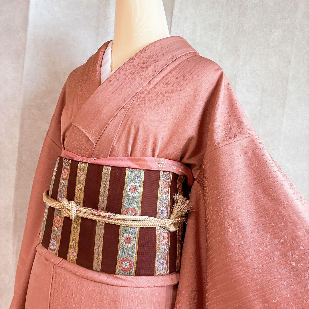 単衣　色無地フルセット　着物　正絹　しつけ糸付き　枝葉地紋　G15