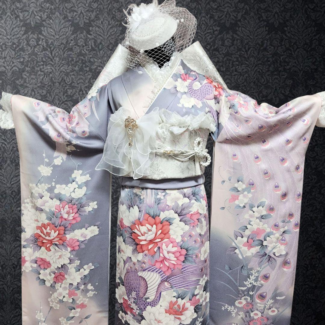 振袖フルセット(9点)・成人式・くすみ・グレー・ピンク・銀彩加工・胴裏正絹・逸品