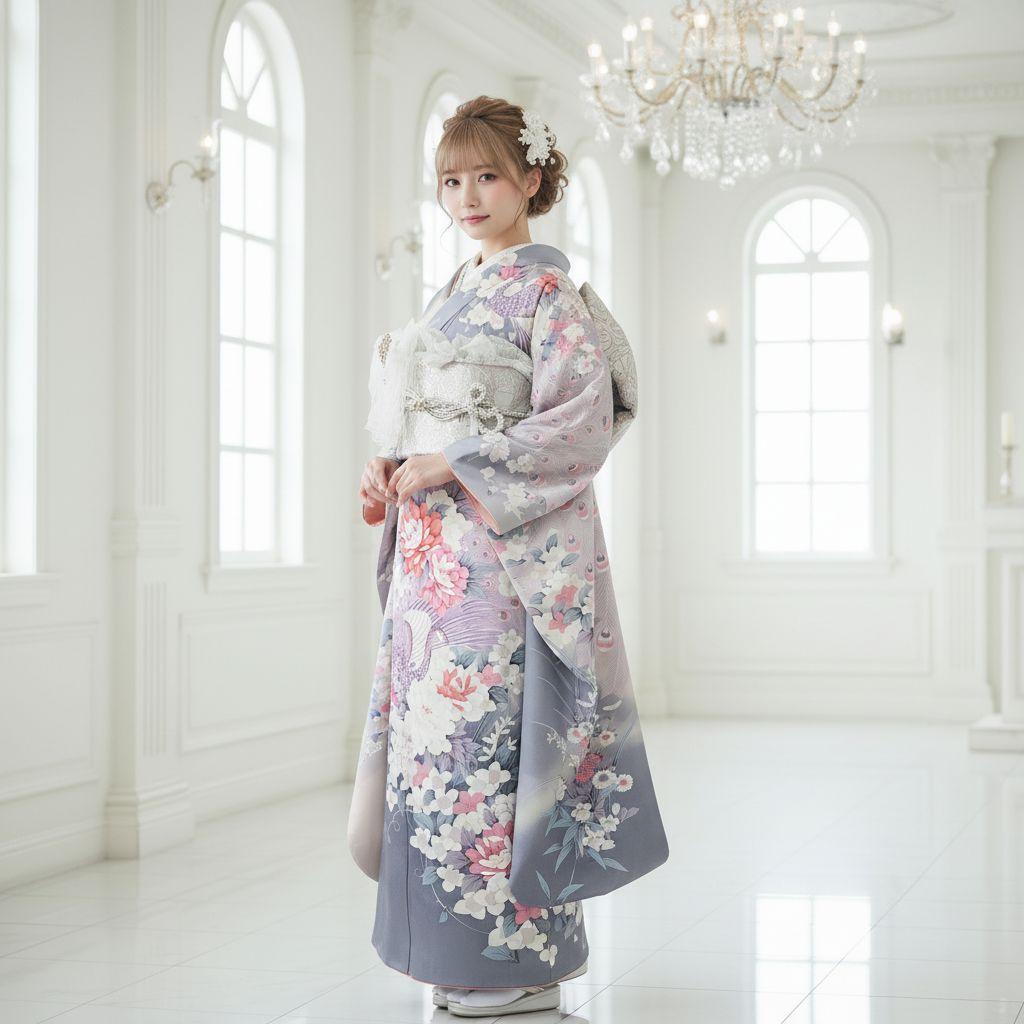 振袖フルセット(9点)・成人式・くすみ・グレー・ピンク・銀彩加工・胴裏正絹・逸品