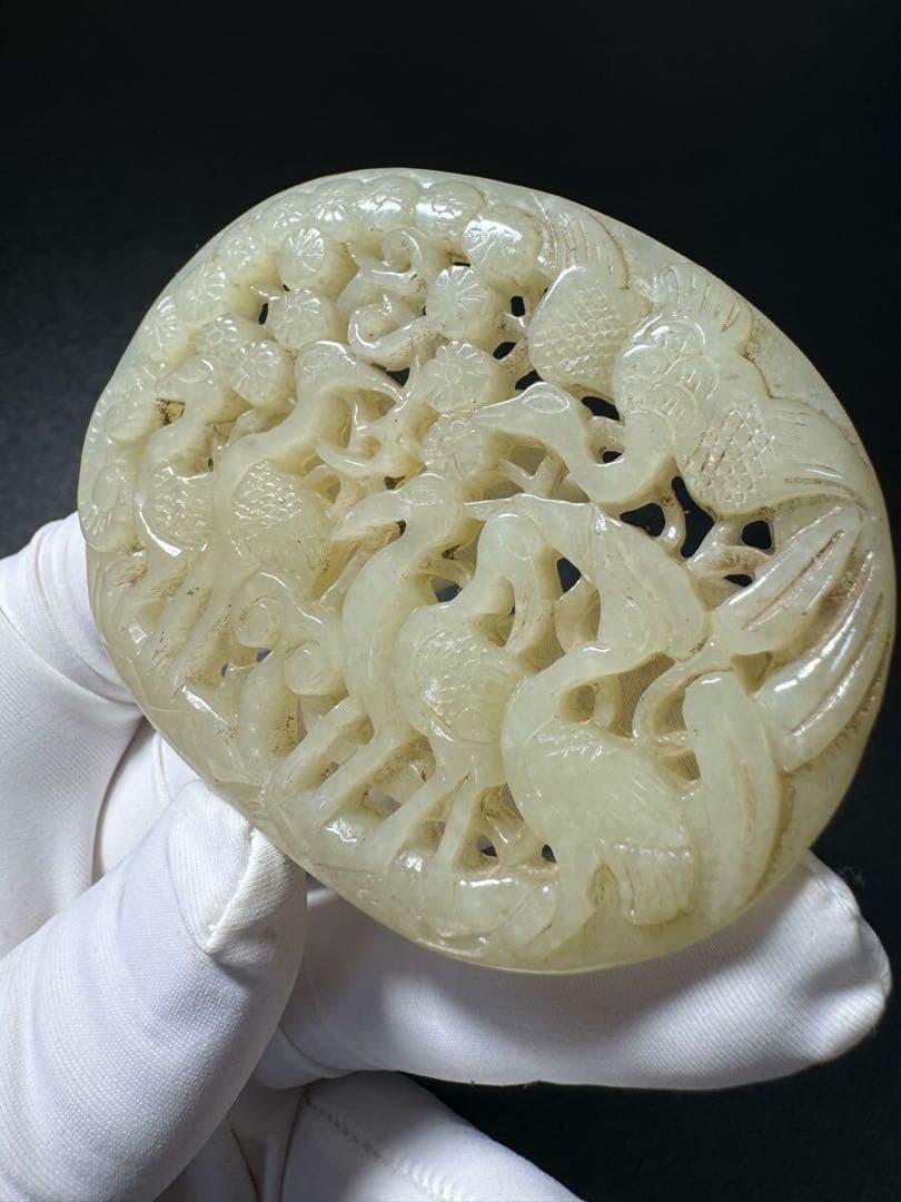 仙鶴の舞 清時代 和田玉 中国伝来 飾り物 細密雕刻 極細工 掛件 賞物