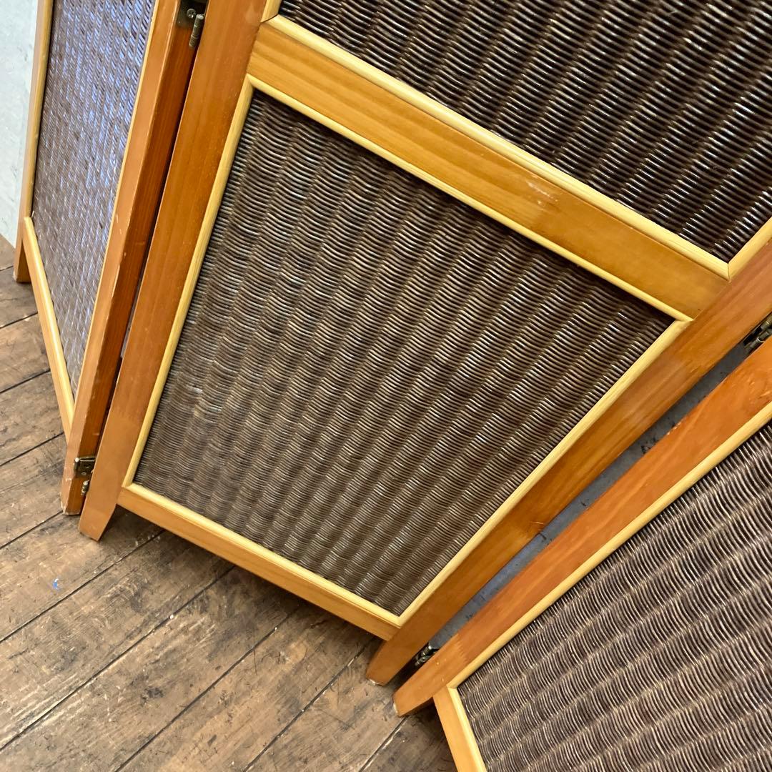 昭和レトロ エスニック 木製 3連 ラタンパーテーション 間仕切り 仕切り