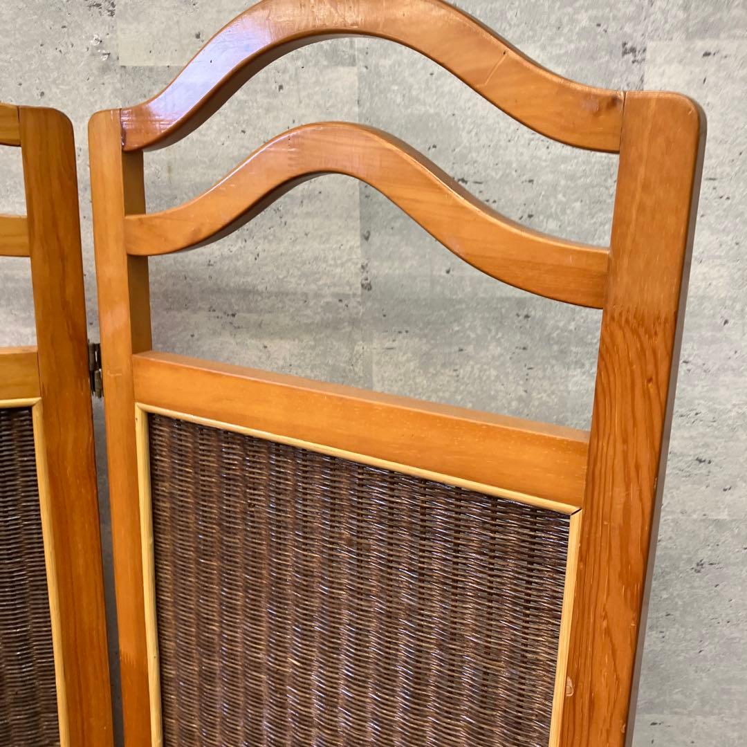 昭和レトロ エスニック 木製 3連 ラタンパーテーション 間仕切り 仕切り