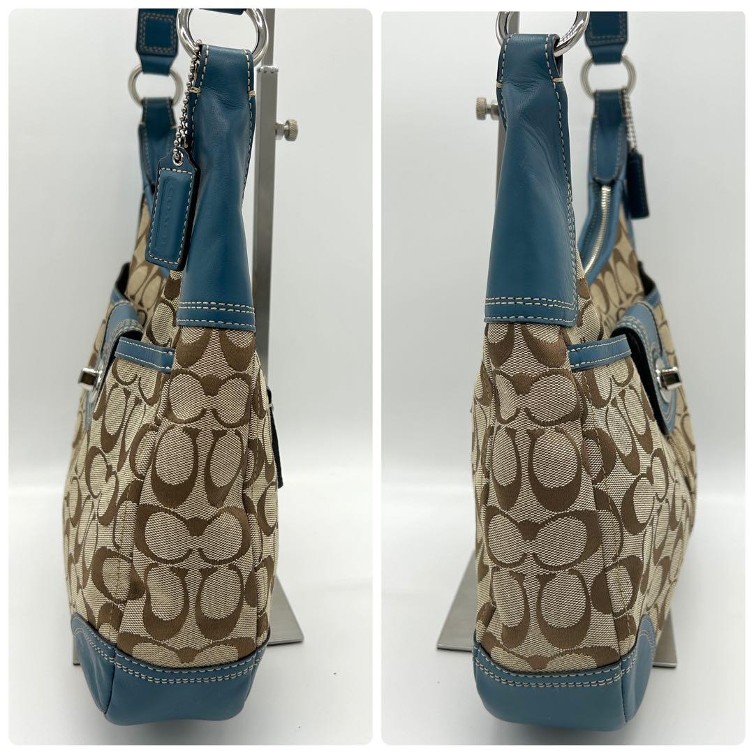 COACH✨シグネチャー ワンショルダーバッグ レザー切替 ターンロック ブルー