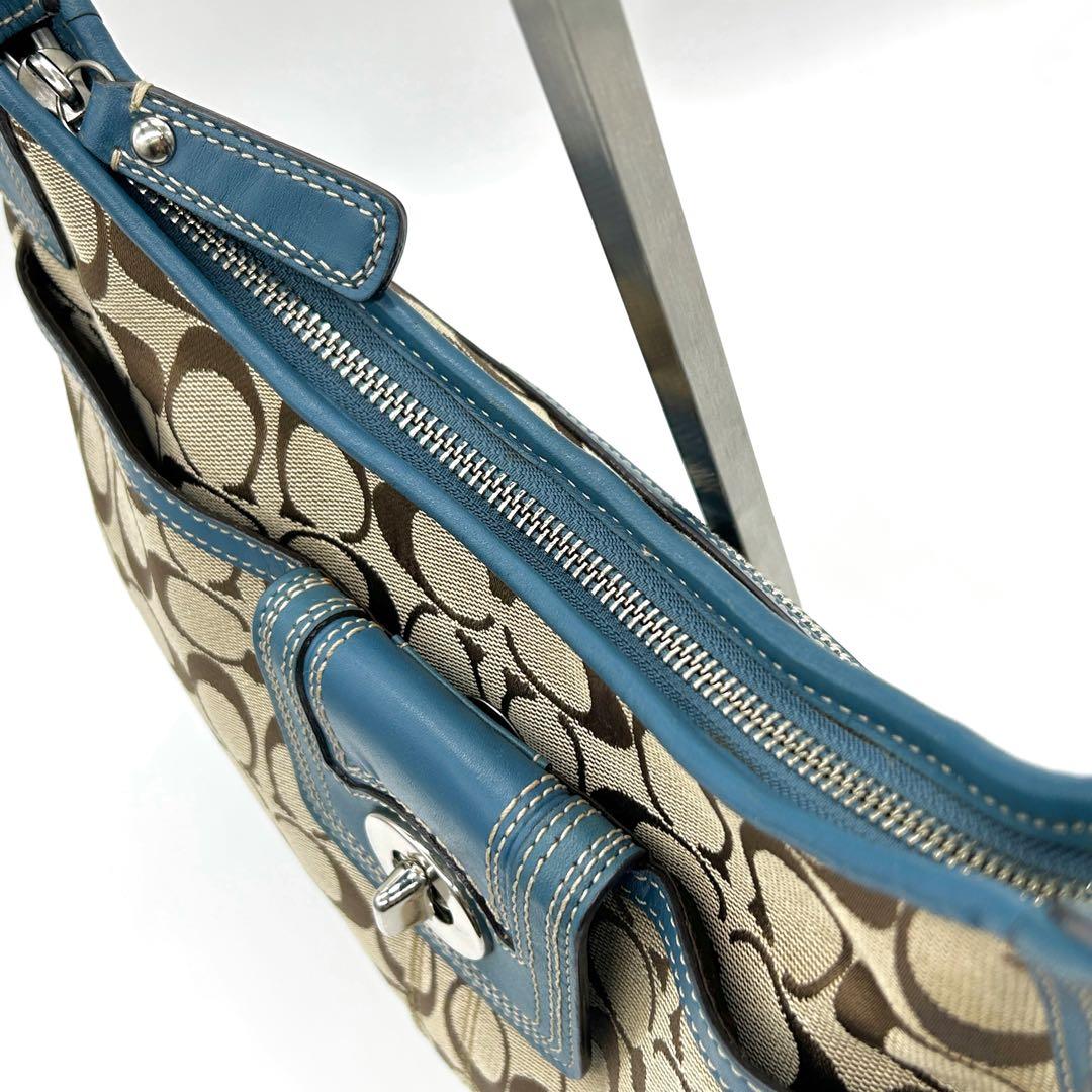 COACH✨シグネチャー ワンショルダーバッグ レザー切替 ターンロック ブルー