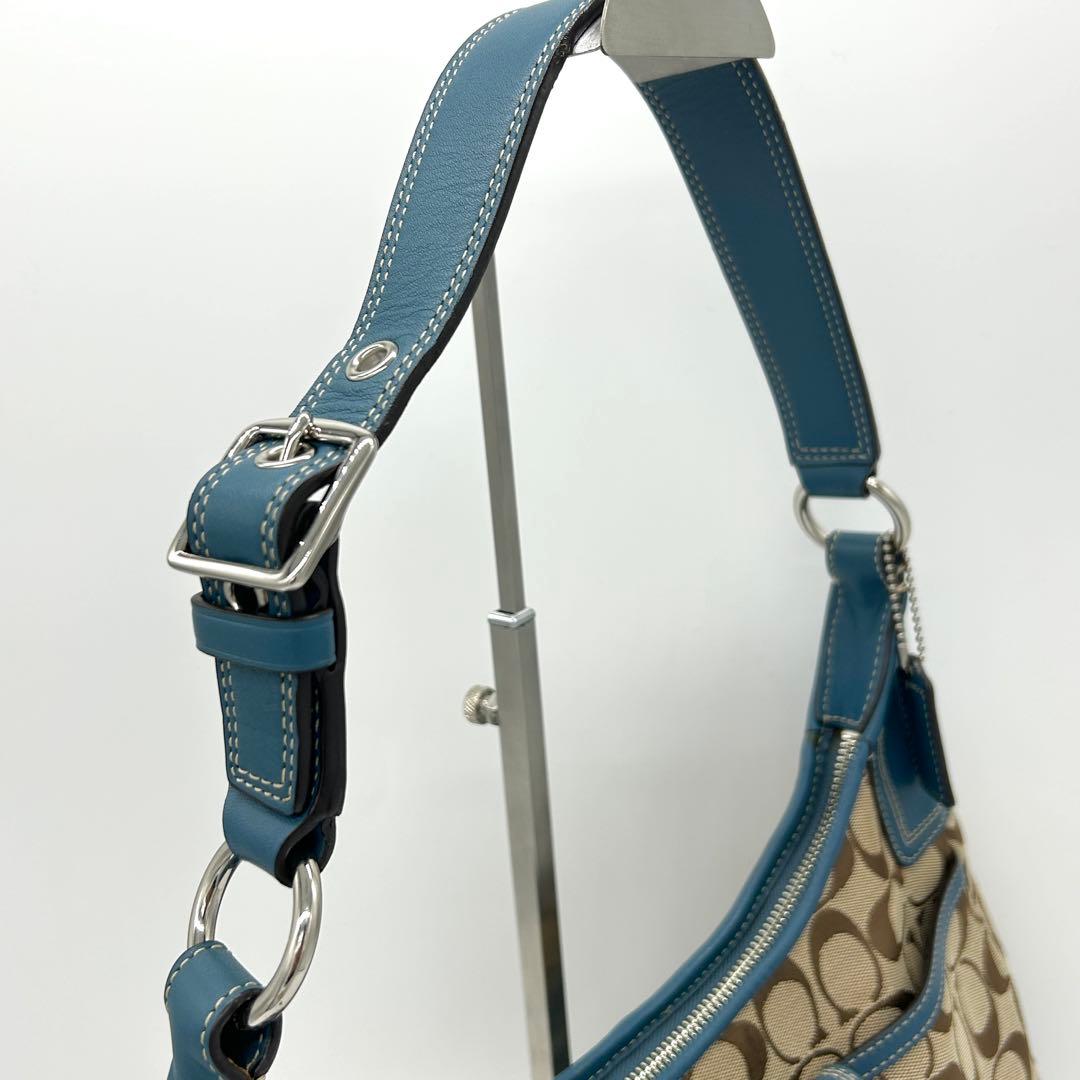 COACH✨シグネチャー ワンショルダーバッグ レザー切替 ターンロック ブルー