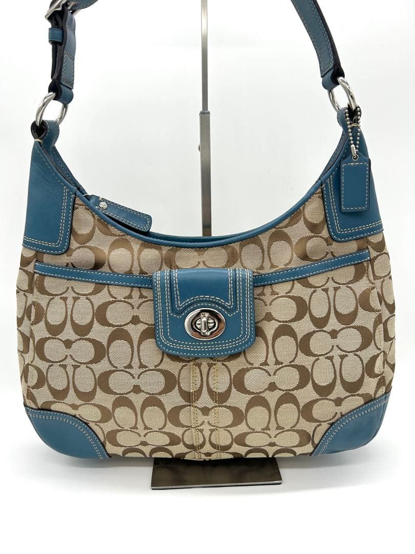 COACH✨シグネチャー ワンショルダーバッグ レザー切替 ターンロック ブルー