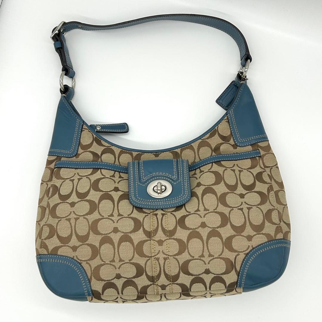 COACH✨シグネチャー ワンショルダーバッグ レザー切替 ターンロック ブルー