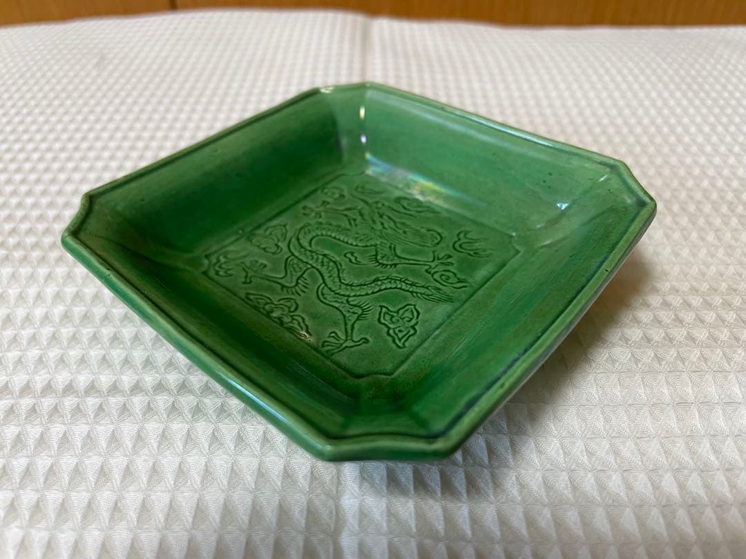 淡路珉平焼き　緑釉薬　雲龍　四方隅切り皿　小皿　5枚組