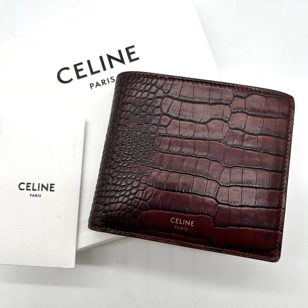 美品 CELINE 二つ折り財布 クロコ レザー ロゴ ブラウン バイフォールド