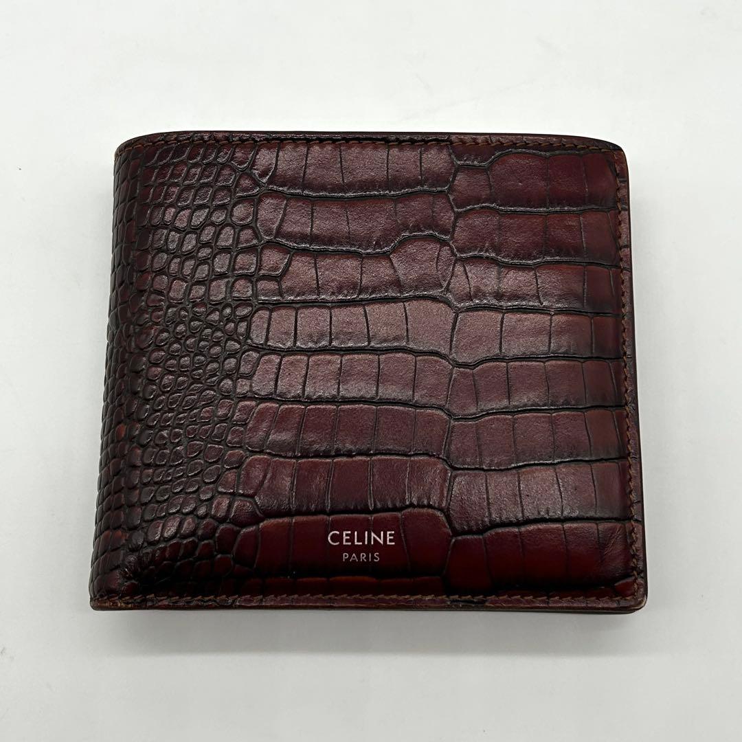 美品 CELINE 二つ折り財布 クロコ レザー ロゴ ブラウン バイフォールド