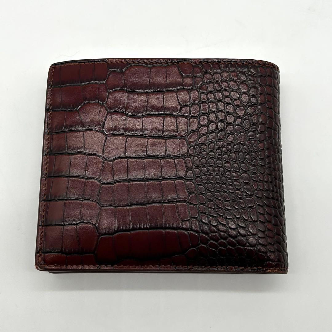 美品 CELINE 二つ折り財布 クロコ レザー ロゴ ブラウン バイフォールド