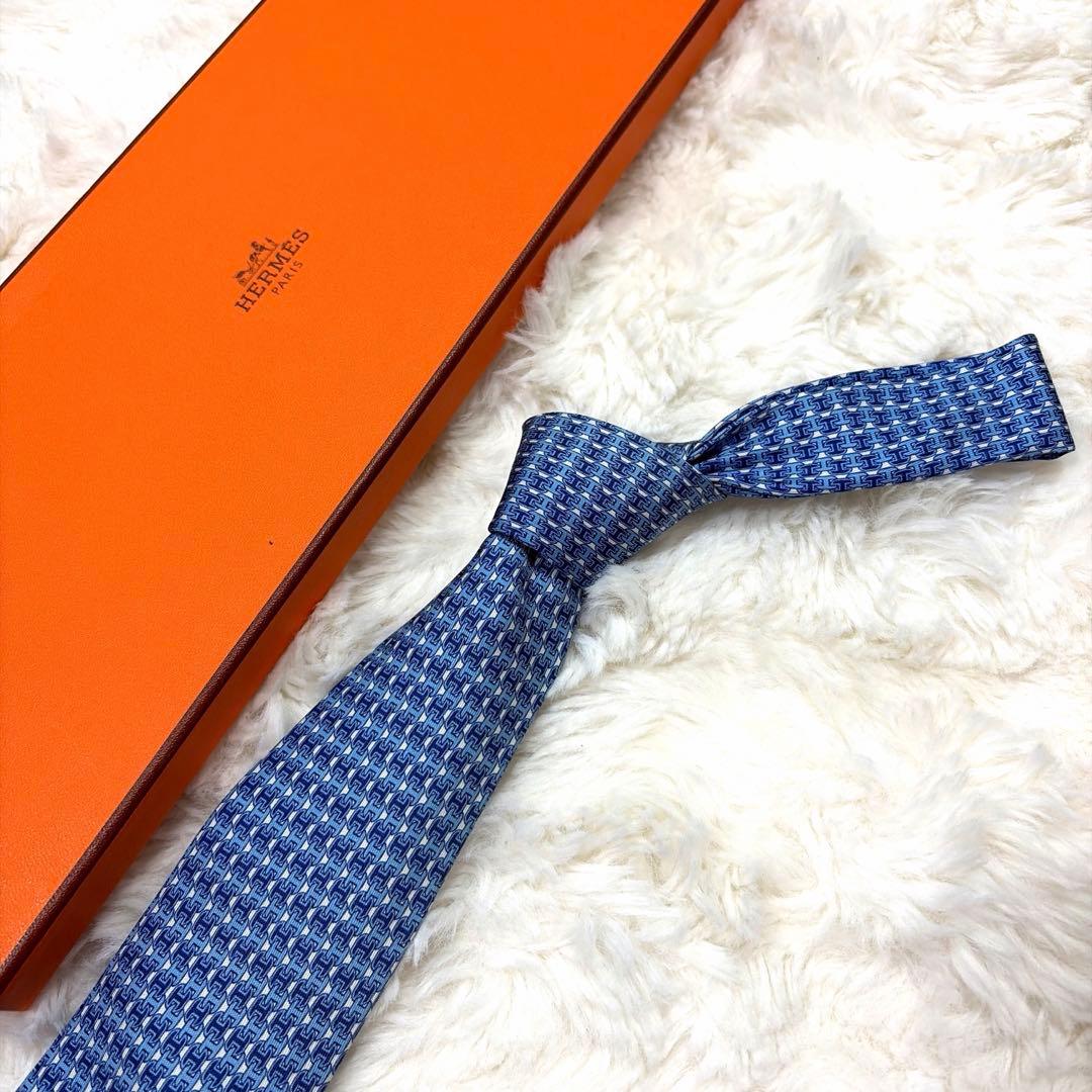 未使用 保管品 HERMES エルメス H柄 ファソネ ネクタイ ブルー系