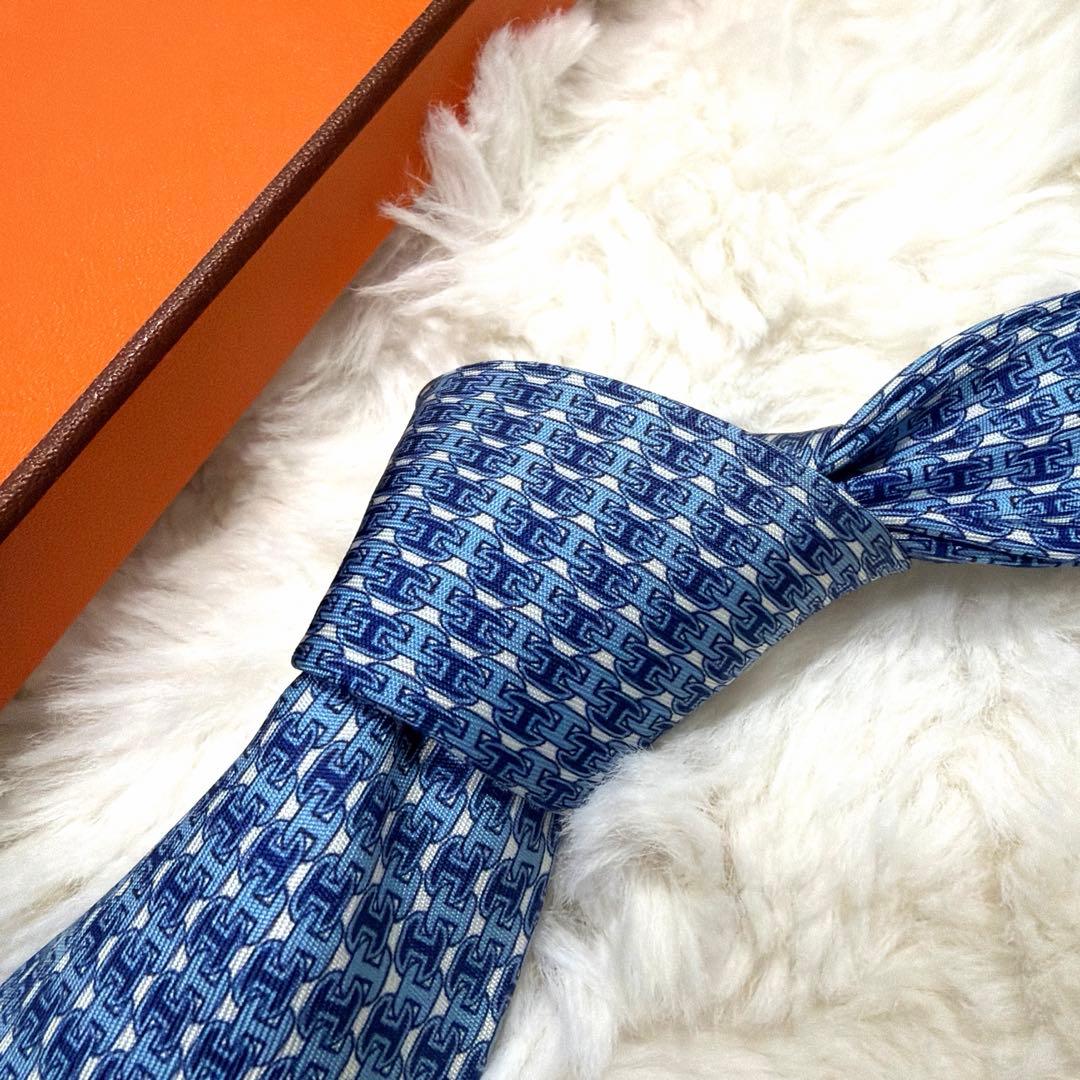 未使用 保管品 HERMES エルメス H柄 ファソネ ネクタイ ブルー系