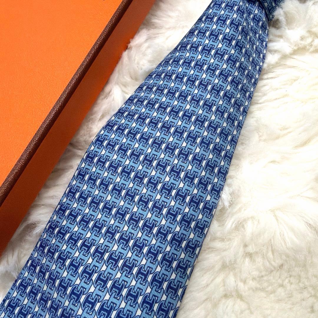 未使用 保管品 HERMES エルメス H柄 ファソネ ネクタイ ブルー系
