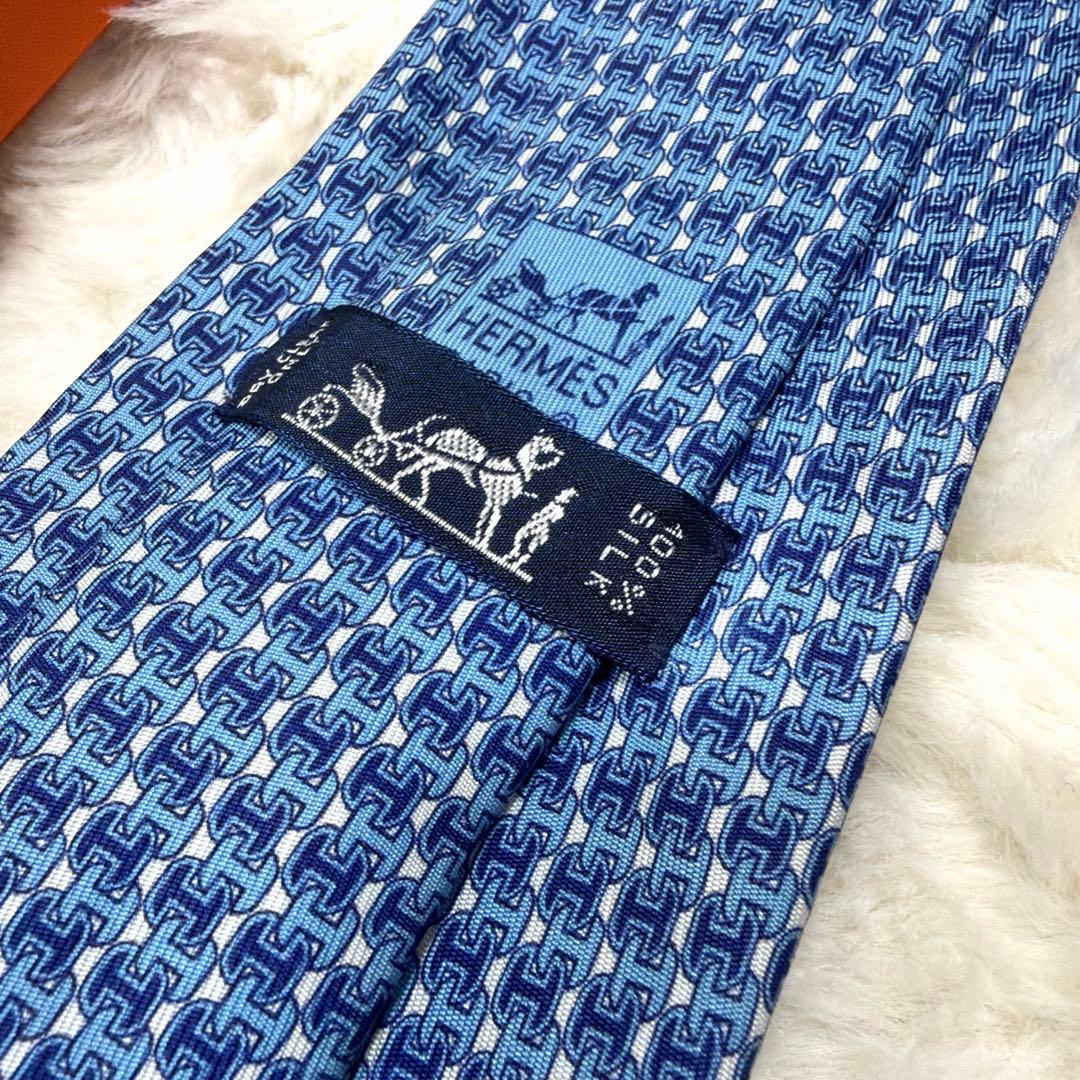 未使用 保管品 HERMES エルメス H柄 ファソネ ネクタイ ブルー系
