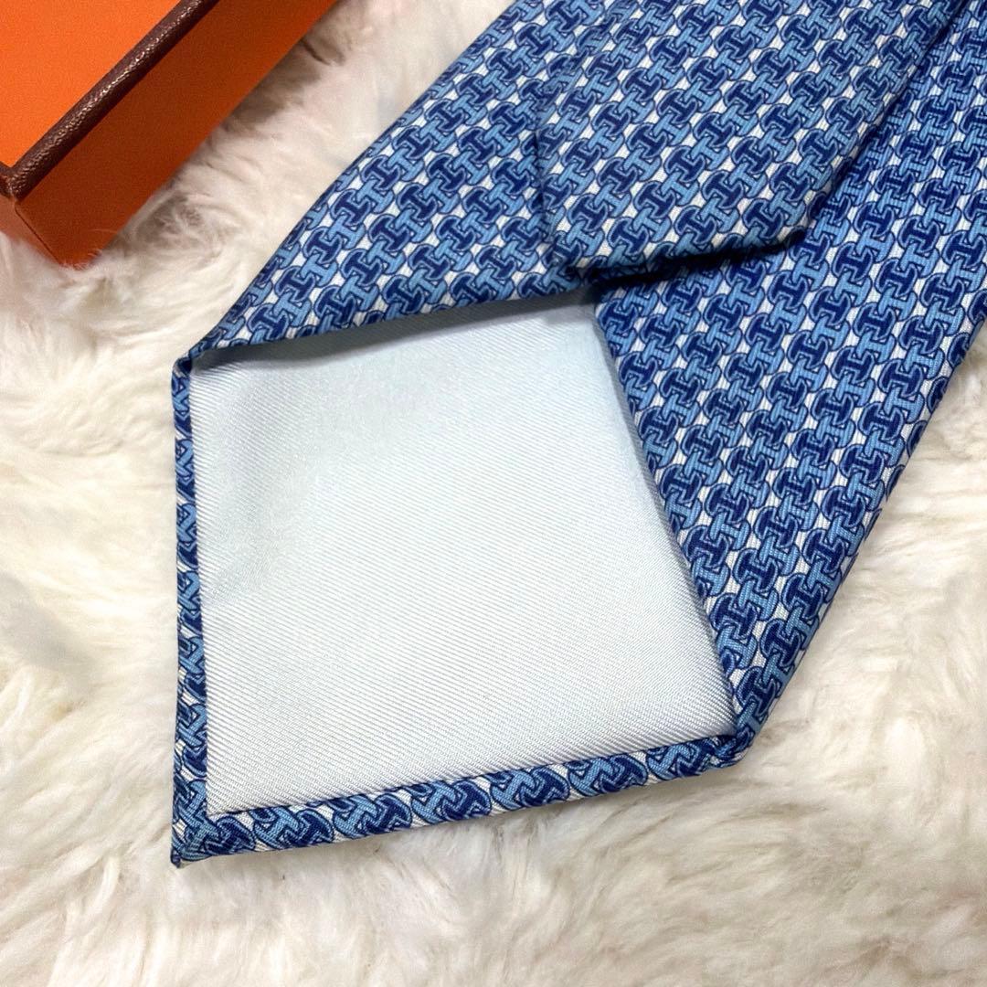 未使用 保管品 HERMES エルメス H柄 ファソネ ネクタイ ブルー系