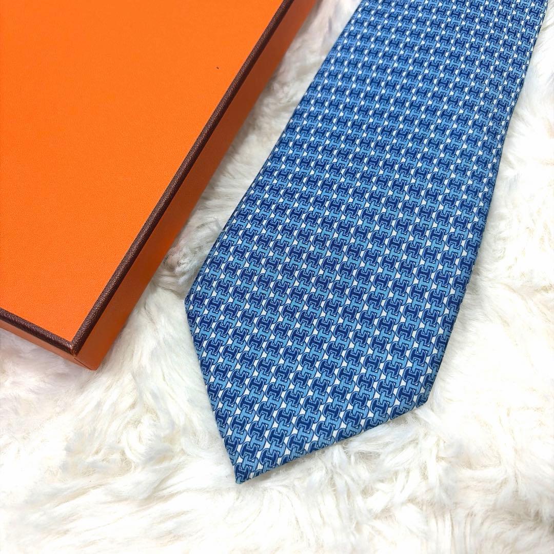 未使用 保管品 HERMES エルメス H柄 ファソネ ネクタイ ブルー系
