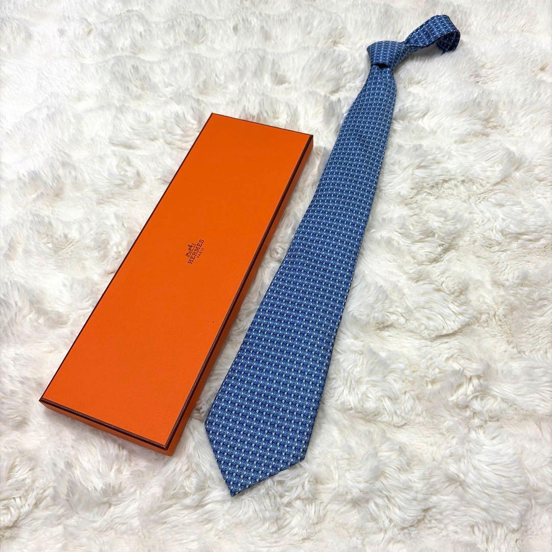 未使用 保管品 HERMES エルメス H柄 ファソネ ネクタイ ブルー系