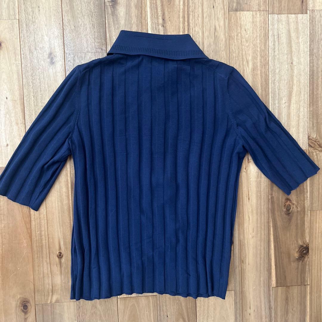 NACKIYÉ ネイビーリブ編み五分袖ポロシャツ
