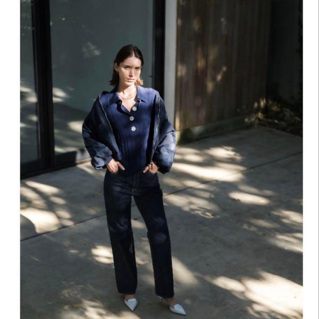 NACKIYÉ ネイビーリブ編み五分袖ポロシャツ