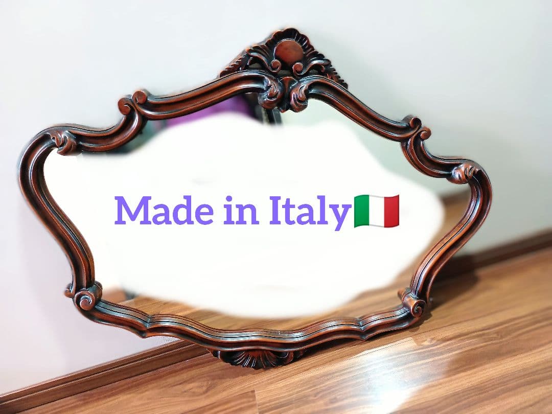 【美品】イタリア製装飾オーバルミラー　ウォルナット調