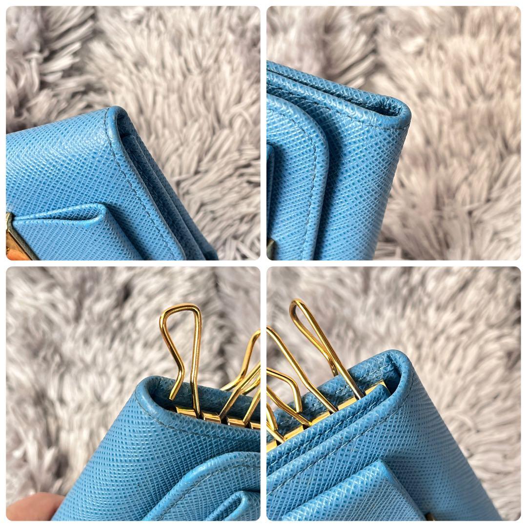 美品✨PRADA キーケース6連　ゴールドロゴ　サフィアーノ　水色