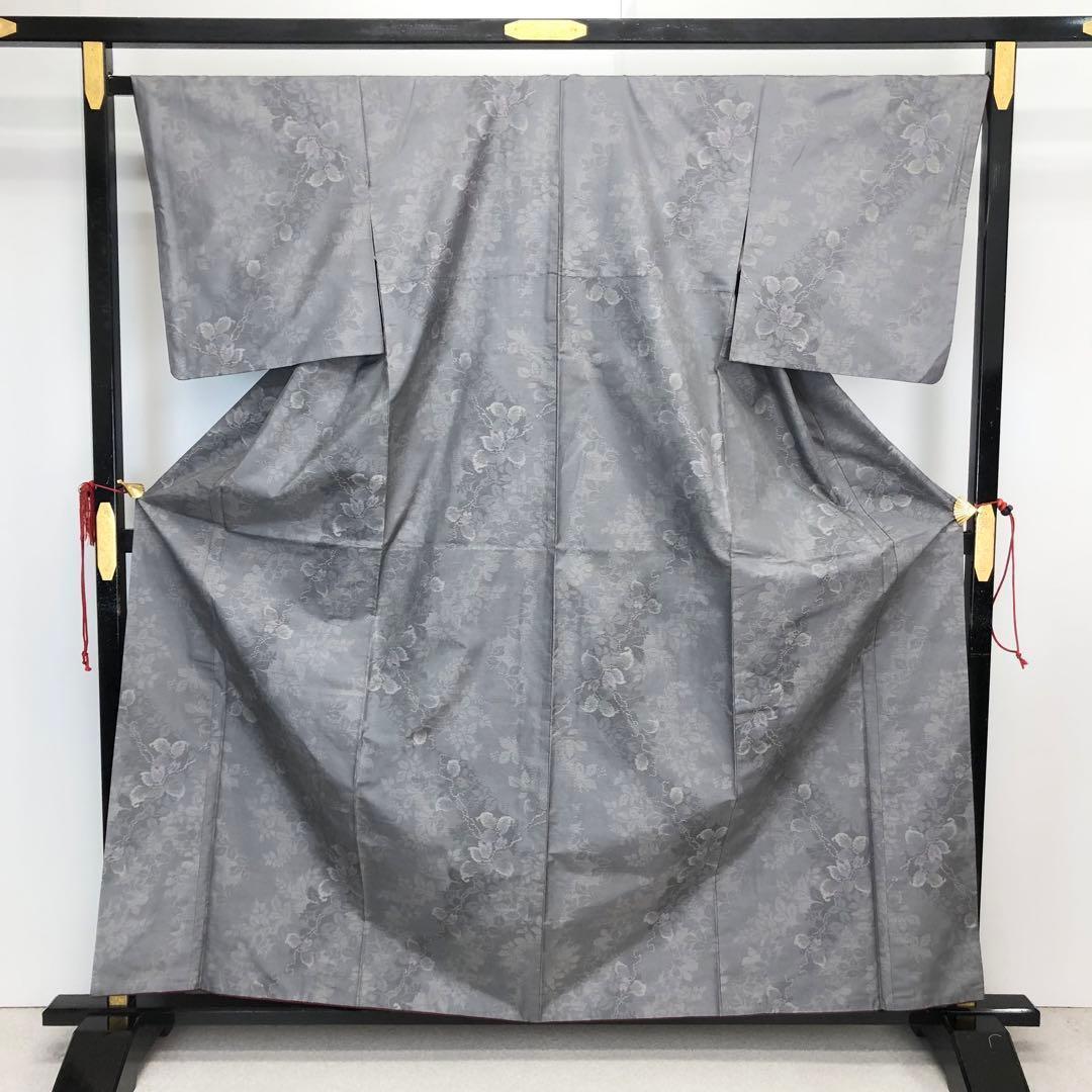 本場大島紬 証紙付 横双 花模様 葡萄鼠色 KK-1764