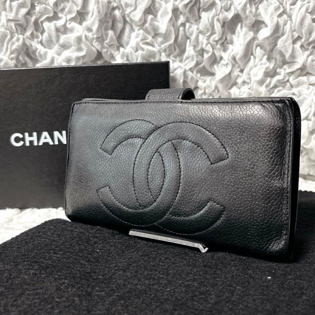 箱付✨CHANEL ブラック　キャビアスキン　レザー　長財布　がま口　ゴールド