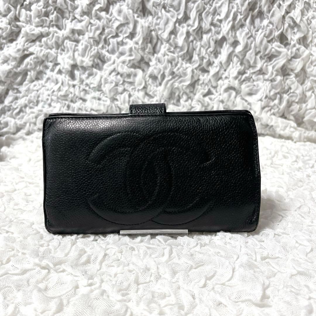 箱付✨CHANEL ブラック　キャビアスキン　レザー　長財布　がま口　ゴールド
