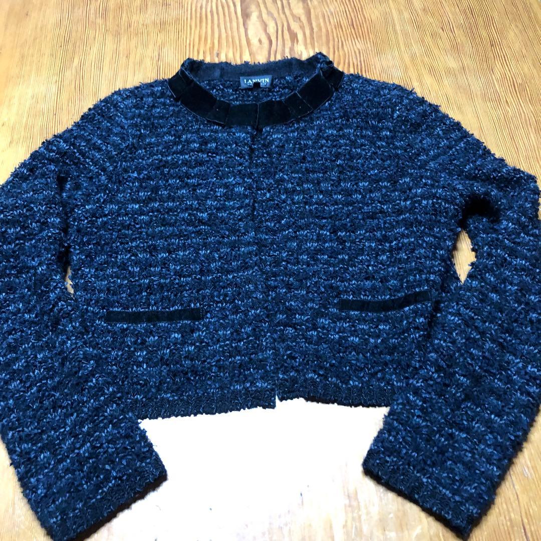 LANVIN ランバンのネイビー ノーカラージャケット ベルベット襟