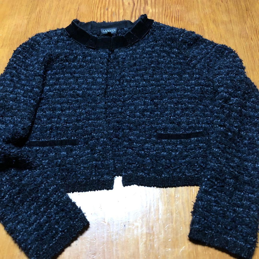 LANVIN ランバンのネイビー ノーカラージャケット ベルベット襟
