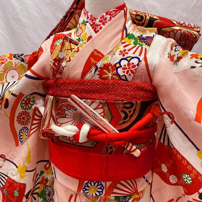 ◎508ag52◎七五三 七歳 女児 アンティーク着物&丸帯 単衣 総柄 白◎