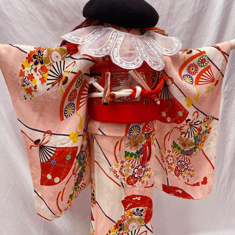 ◎508ag52◎七五三 七歳 女児 アンティーク着物&丸帯 単衣 総柄 白◎