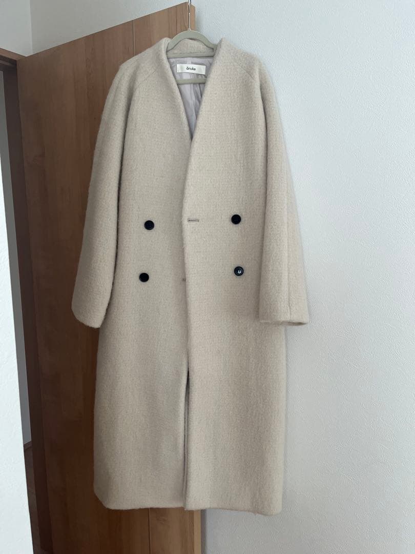 anuke Collarless Shaggy Coat アイボリー　アンヌーク