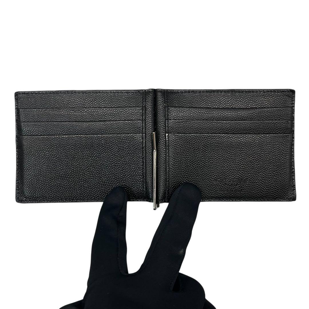 極美✨サンローラン マネークリップ 札入れ キャビアスキン ロゴ刻印 ブラック