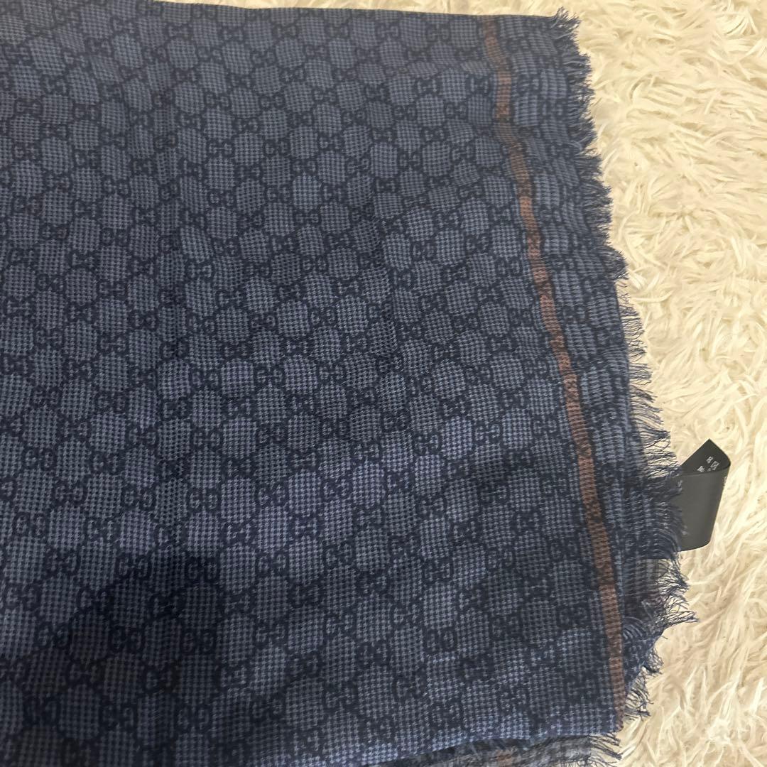 未使用級！グッチ ストール 100×175サイズ　ブルー　GG柄 シルク　ウール