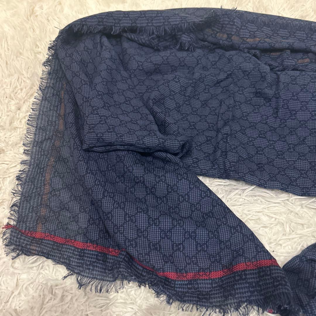 未使用級！グッチ ストール 100×175サイズ　ブルー　GG柄 シルク　ウール