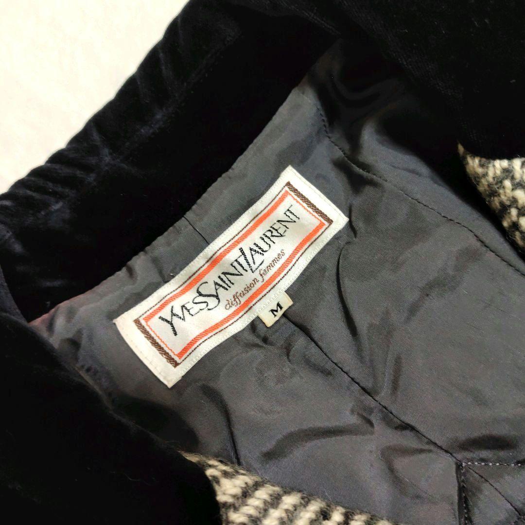 イヴサンローラン ダブルブレストコート ヘリンボーン ツイード ベロア切替